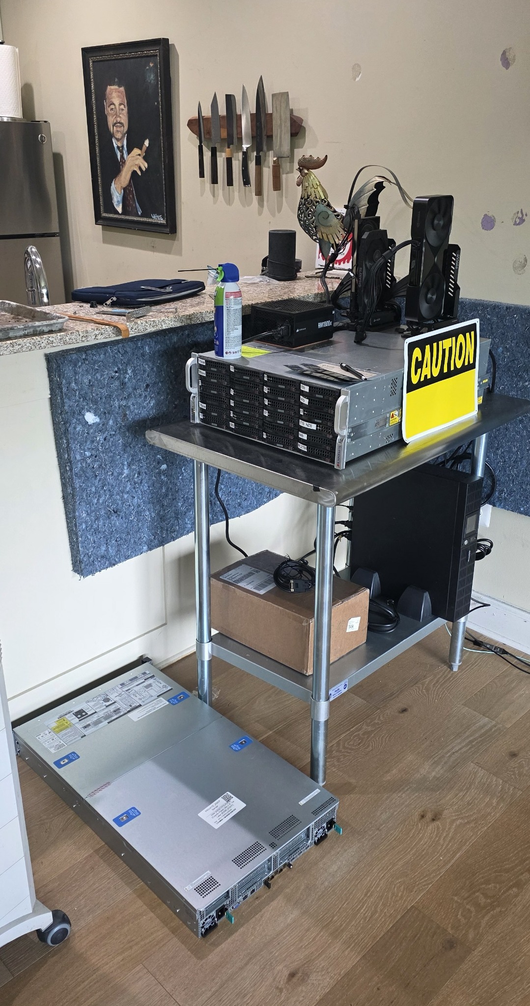 A large home AI server with externally mounted GPUs in a living room