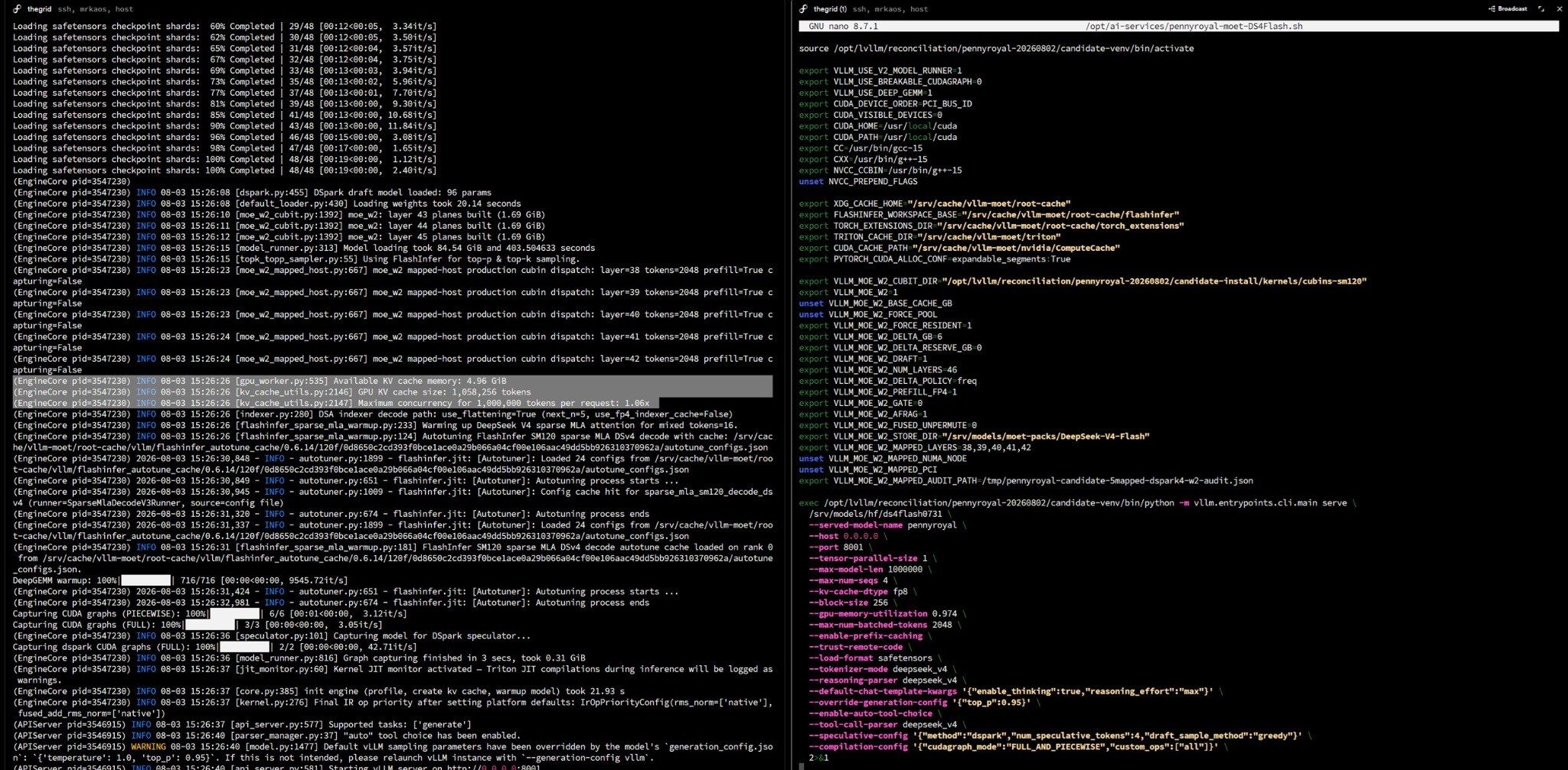 DeepSeek V4 Flash server startup showing mapped layers, one-million-token capacity, and launch configuration