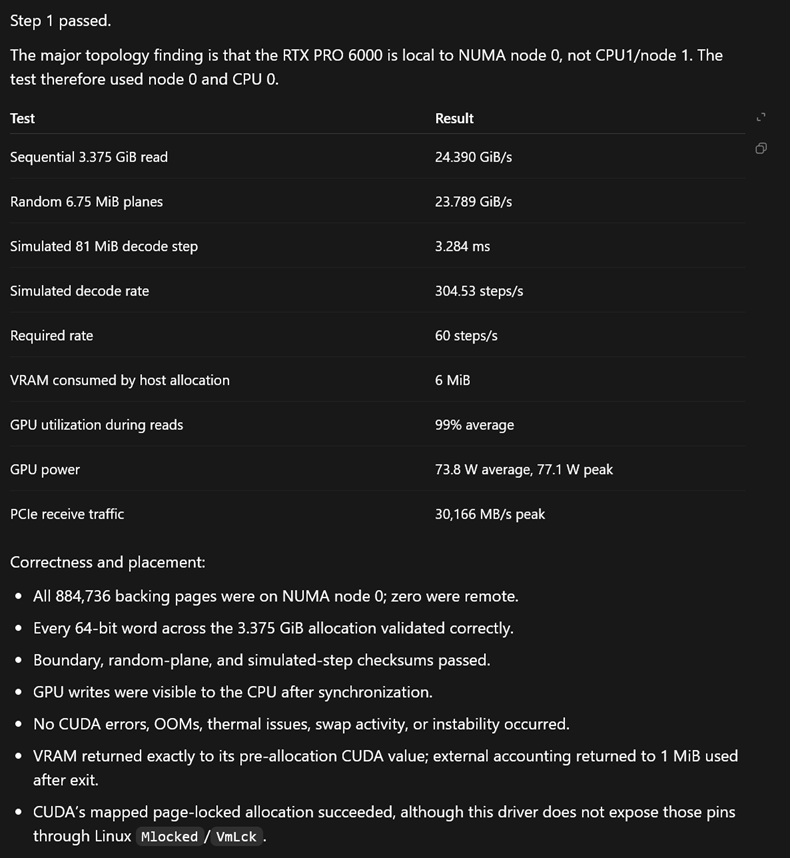 CUDA mapped-memory and NUMA-locality validation results